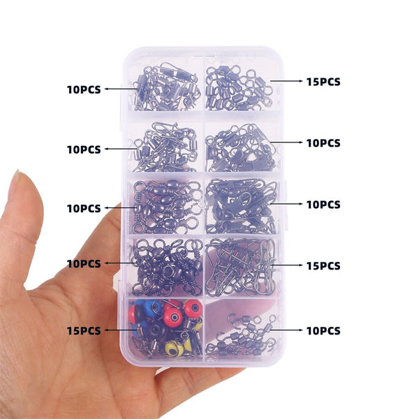 Anmuka 115pcs Fishing Connector Swivel Box Pack Pins Center Pass Swivels Sea Bean Bass Trout Fishing Accessories