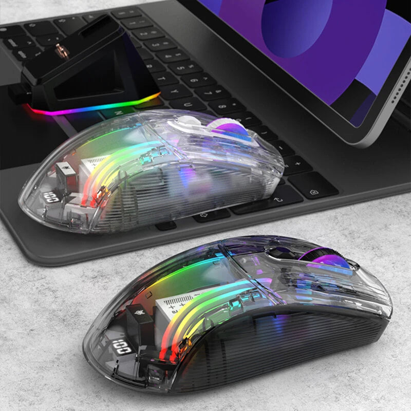 XUNSVFOX XYH20pro RGB Transparent Shell Gaming Mouse Power Display Three Mode Wireless bluetooth Type-C Rechargeable Ergonomics Mute Mice with Charging Dock PC Accessories