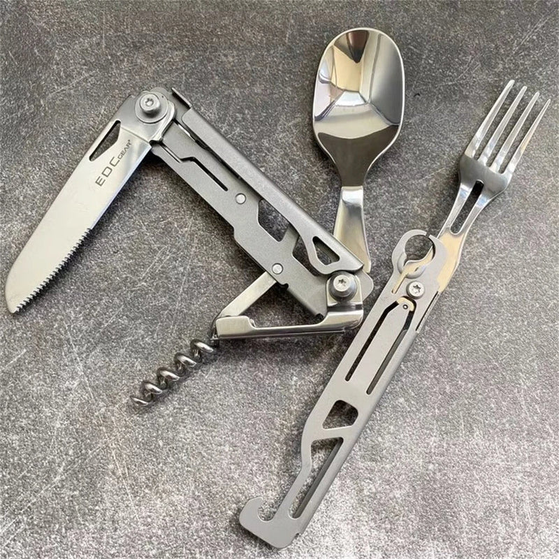 IPRee Outdoor Stainless Steel Multifunctional Camping Folding Knife Fork and Spoon Camping Equipment Panier Osier Camping Equipment