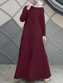 Lace Stitching A-Line O-Neck Solid Color Long Sleeve Muslim Dress Abaya Kaftan For Women