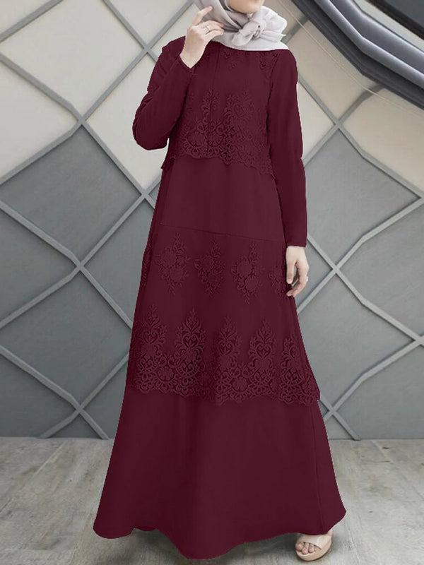 Lace Stitching A-Line O-Neck Solid Color Long Sleeve Muslim Dress Abaya Kaftan For Women