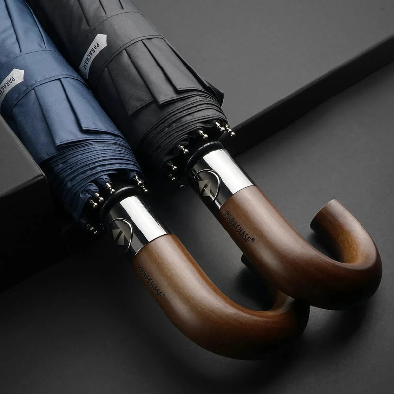 Automatic 10-Rib Wooden Curved Handle Automatic Umbrella 10K Automatic Folding Umbrella Rain Wind Resistant Umbrella Men Women UV Sun Protection Wooden Handle Umbrella