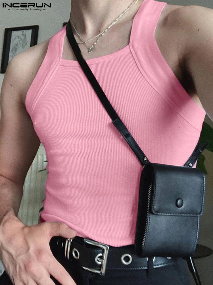 INCERUN Mens High Elastic Solid Color Casual Tank Top