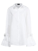 Women Casual Turn-down Collar Flare Sleeve Solid Color Blouse