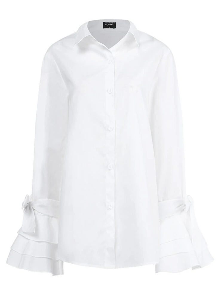 Women Casual Turn-down Collar Flare Sleeve Solid Color Blouse