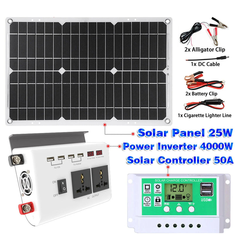 300W Power Inverter DC 12V to AC 220V Modified Sine Wave Inverter with 25W Solar Panel and 50A Solar Charge Controller for Mobiles Phones Computers Laptop LCD Dual Digital Intelligent Display Screens Inverter