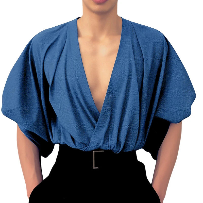 INCERUN Mens Shirts Fashion Big V-neck Bubble Short Sleeve Top Shirts Summer Fashion Party Top Shirts Male Clothing