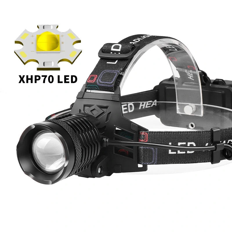 XHP70 30W LED White Blue Yellow Light USB Rechargeable Headlamp Ultra Light Bright LED Headlight Portable Front Head Light Fishing Flashlight with 18650 Battery