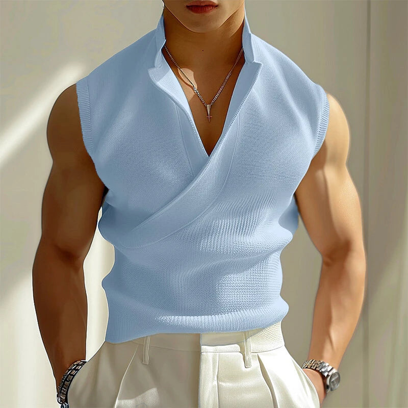 INCERUN Mens Minimalist Solid Color Textured Tank Fashion Lapel V-neck Sleeveless Top for Male