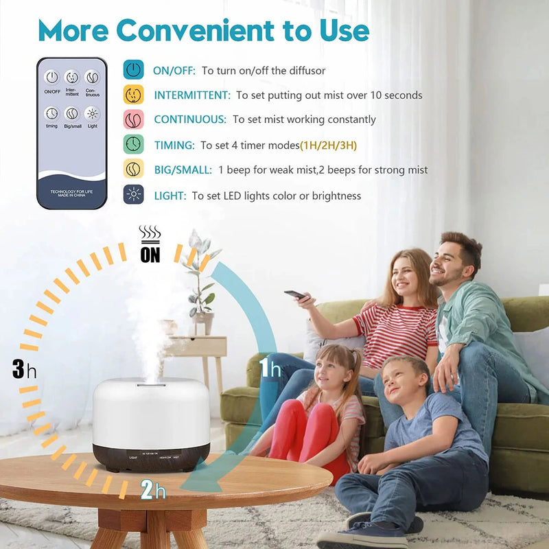 500ML Aromatherapy Diffuser Wood Grain Essential Oil Aromatherapy Humidifier with Remote Control for Home Office