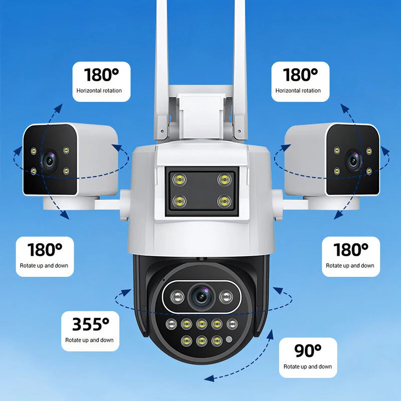 6MP WIFI IP Camera Triple Lens and View 360-Degree Panorama Night Vision Two-Way Audio Motion Detection Remote Monitoring IP66 Waterproof Outdoor Security EU Plug