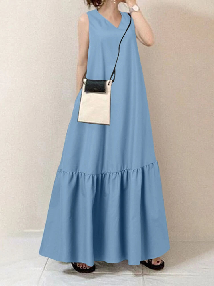 Solid Color V-neck Sleeveless Ruffles Hem Pleated Maxi Dress With Pocket