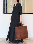 Women Retro Solid Color Turn-Down Collar Loose Casual Shirt Dress With Pocket