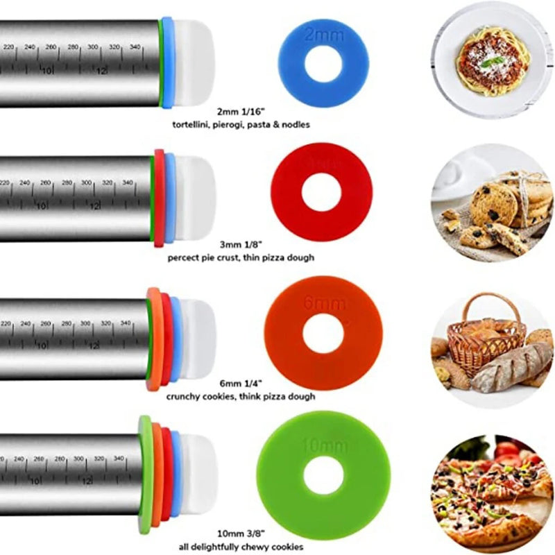 Rolling Pin Kitchen Tool Stainless Steel Adjustable For Baking Pasta Pizza Pie 4 Different Adjustable Thickness