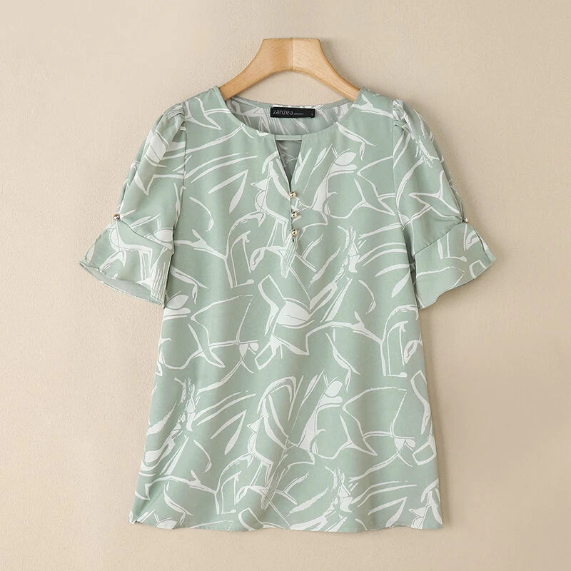 ZANZEA Women's Summer Elegant Print Blouse Casual Flare Sleeve O-Neck Cutouts Tops