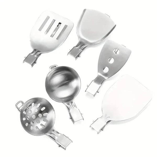 IPRee 6pcs Kitchen Accessories Multi-functional Folding Kitchenware Cookware Stainless Steel Portable Folding Soup Ladle, Perforated Spoon, Scraper, Spatula and Storage Bag