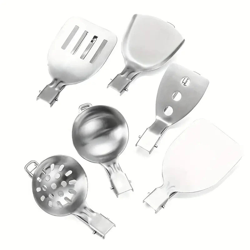 IPRee 6pcs Kitchen Accessories Multi-functional Folding Kitchenware Cookware Stainless Steel Portable Folding Soup Ladle, Perforated Spoon, Scraper, Spatula and Storage Bag