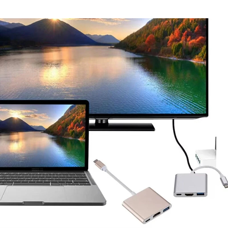 USB 3.1 Converter USB-C to HD Adapter Hub 3-in-1 Type-C to HDMI/USB 3.0/Type-C Aluminum for Apple Macbook Adapter