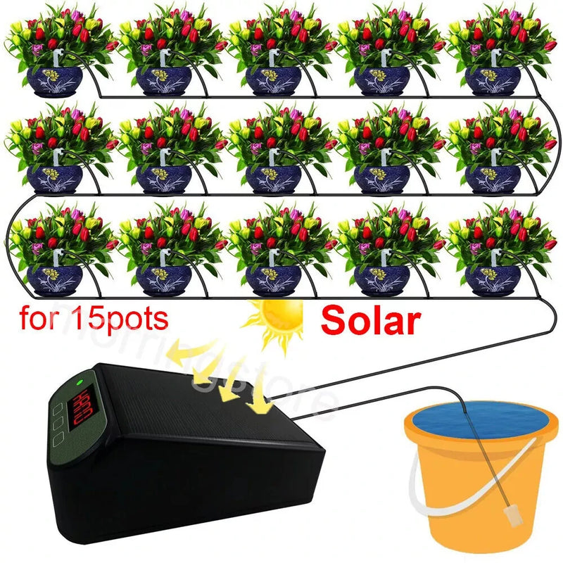 Intelligent Automatic Watering Machine Solarpowered / Lithium Battery Dual Power Automatic Drip Irrigation Kit Timer Self Watering System With 15pcs Drippers