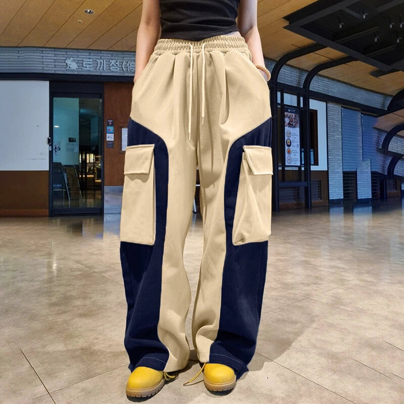 INCERUN Mens Contrast Color Workwear Pocket Pant Fashion Loose Fit Elastic Waist Drawstring Trousers S-5XL