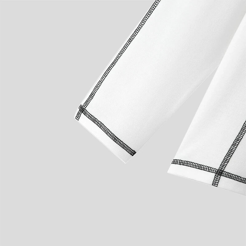 INCERUN Men Start Print White Tight T-shirt Fashion Stitching Crew Neck Long Sleeve White Top Tee for Men Plus Size, Spring Fall