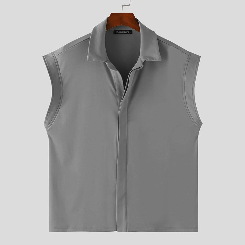 INCERUN Men Shirts Solid Color Sleeveless Shirt Casual Daily Lapel Streetwear Shirt Mens Clothing Summer Male Shirts