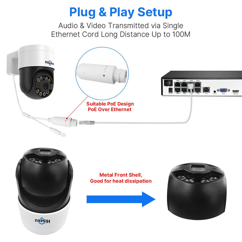 Hiseeu POE 5MP/8MP IP Video Surveillance Camera Outdoor Wireless PTZ Digital Motion Color Night Vison Two-way Audio CCTV Monitoring Camera for Home Safety