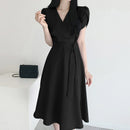 ZANZEA Womens Puff Sleeve V Neck Belted A Line Midi Dress Party Gown Long Dresses