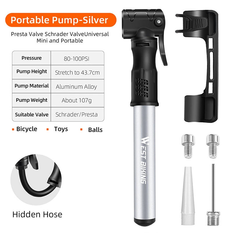 WEST BIKING 100PSI Mini Bicycle Air Pump Portable Hand Pump Hose MTB Mountain Road Universal Schrader Presta Valve Waterproof Tire Inflator for Ball Cycling