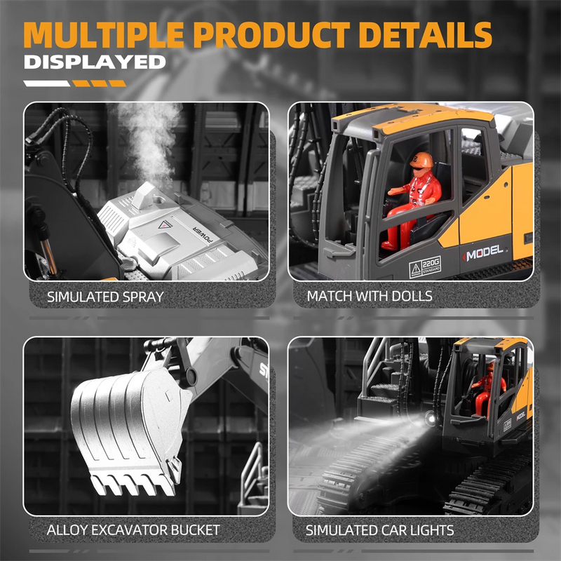 HJ Models 689-714A 1/16 2.4G 16CH RC Car Excavator Engineering Vehicles Alloy Bucket Digging 680 Rotation Spray LED Light Sound RTR Toys
