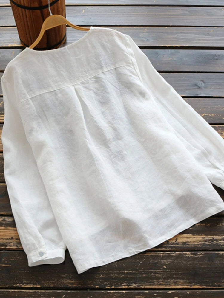ZANZEA Plus Size Women Cotton Linen V-Neck Embroidery Patterns Casual Loose Blouse