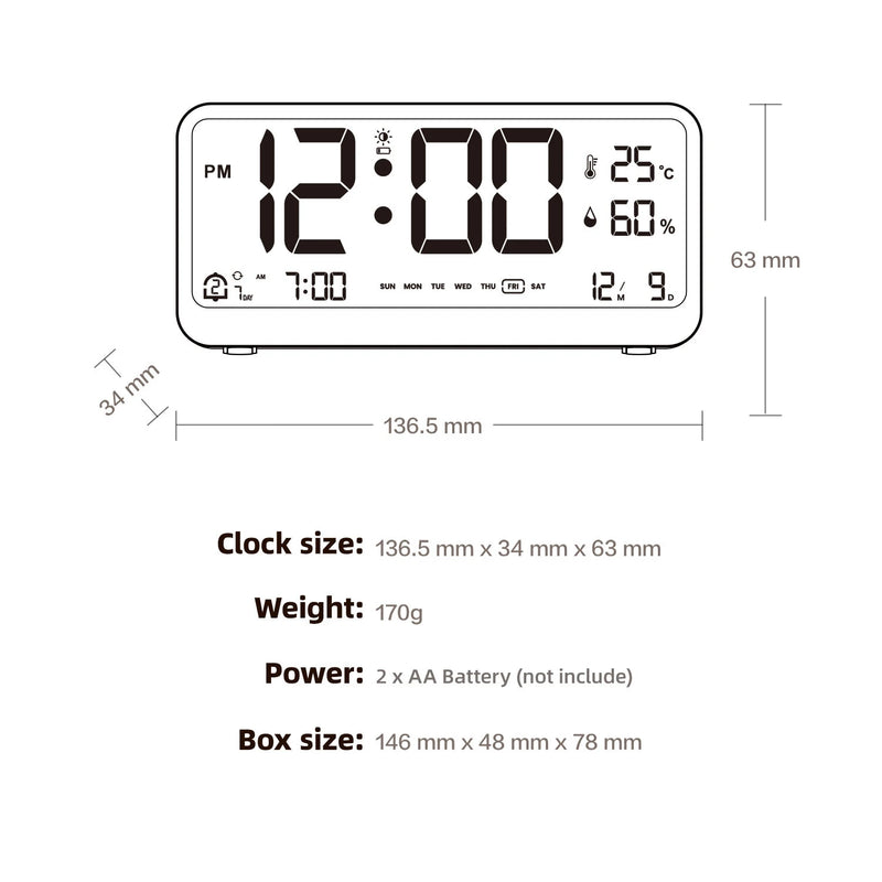 LCD Smart Digital Alarm Clock with Large Display Thermometer Hygrometer Anti-Slip Bottom with Night Light Battery Operated Safe Rounded Corners Design for Home Office Bedroom
