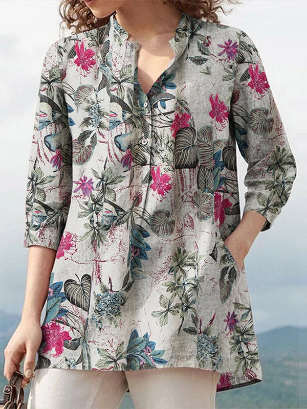 ZANZEA Women Plus Size Cotton Linen Blouses V-Neck Floral Top Vintage Button Cuffs Three Quarter Sleeve Shirt
