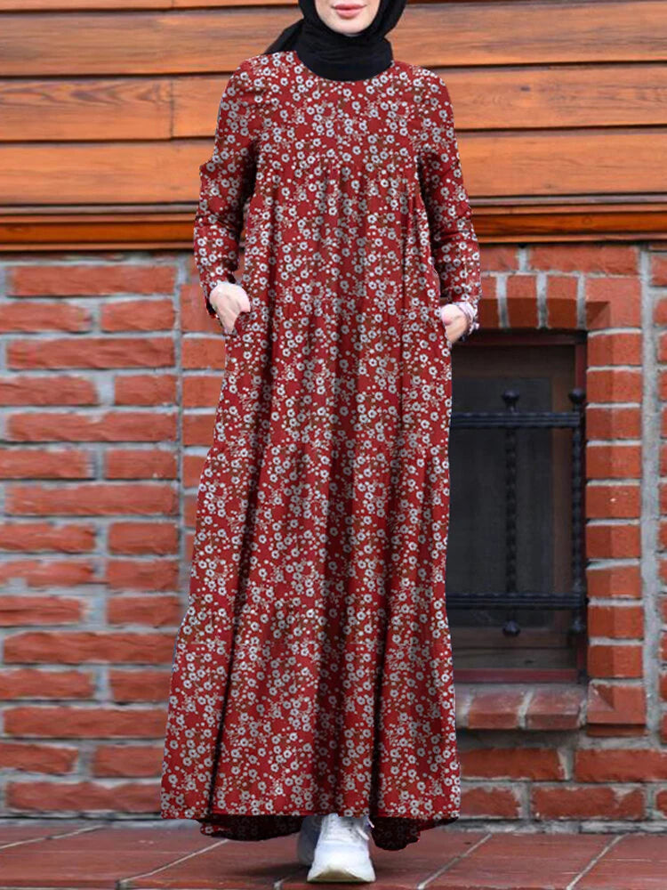ZANZEA Plus Size Women Long Dress Floral Print Tiered Dress O-Neck Casual Maxi Dress With Side Pocket