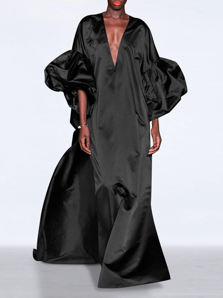 Puff Sleeve Ruffles Loose Fit V-Neck Leisure Maxi Dress For Women