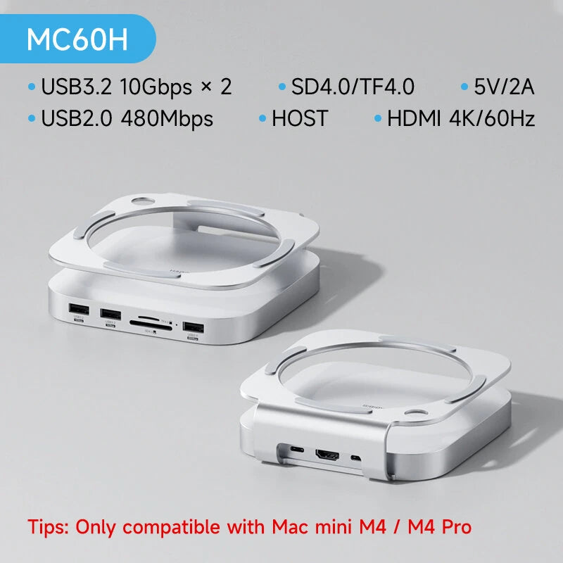 Hagibis MC60 MC60H USB-C Hub with M.2 SSD Enclosure for Mac Mini M4/M4 Pro Stand Type-C Docking Station SSD Case USB3.2 Gen2 SD4.0 TF4.0 4K HD