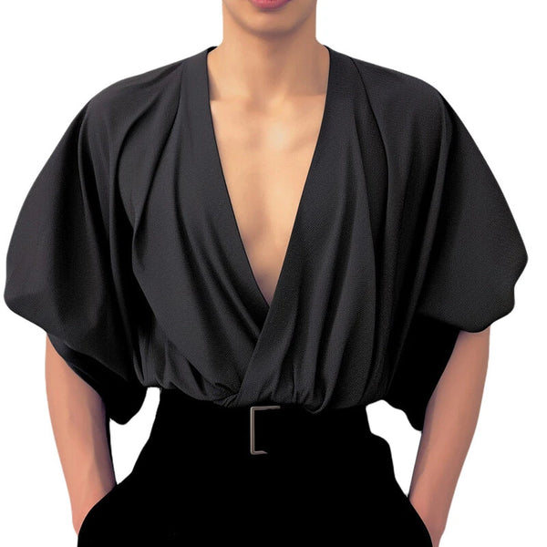 INCERUN Mens Shirts Fashion Big V-neck Bubble Short Sleeve Top Shirts Summer Fashion Party Top Shirts Male Clothing