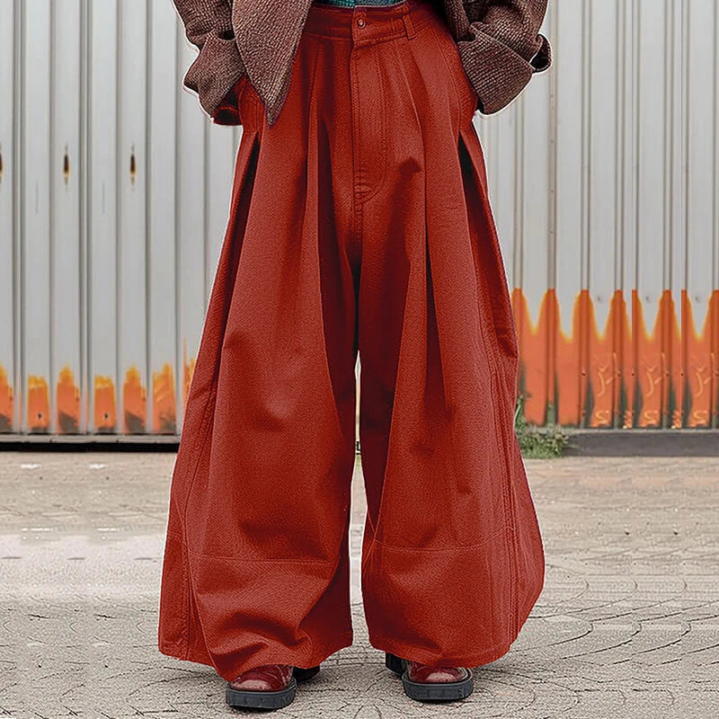 INCERUN Men Casual Baggy Pants Simple Solid Color Button Front Wide Leg Trousers for Men Large Size S-5XL