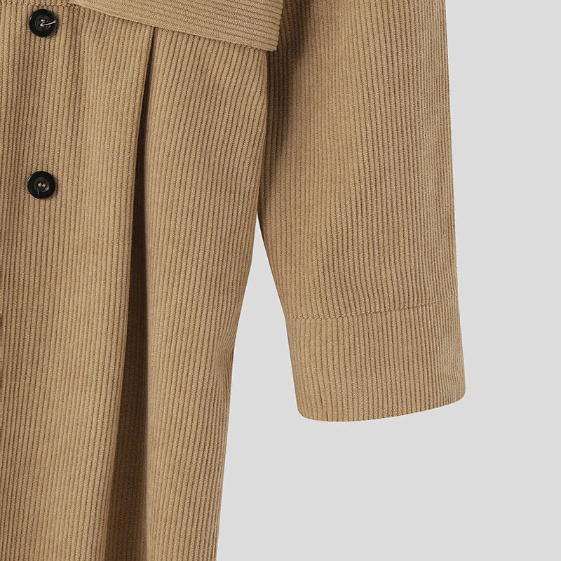 INCERUN Men Jumpsuits Corduroy double-breasted Suit Collar Long-sleeved Casual One-piece Suit for Men with Side Pockets