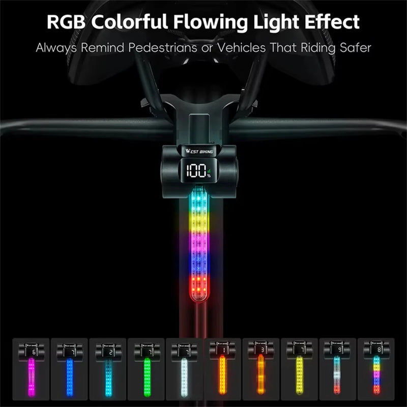 WEST BIKING RGB Colorful Dynamic LED Bicycle Taillight Smart Sensor Brake Digital Power Display Waterproof USB Rechargeable Bike Rear Light for Outdoor Night Safe Cycling