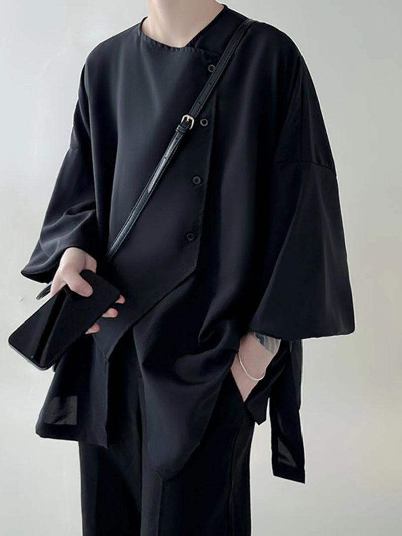 INCERUN Men Shirts Irregular Slant Buttoned Round Neck Top Shirt Long Sleeve Daily Shirts Casual Loose Men Clothing