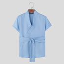 INCERUN Mens Textured Tie-Design Short Sleeve T-Shirt Fashion Design Casual Solid Color Tshirt for Men S-5XL