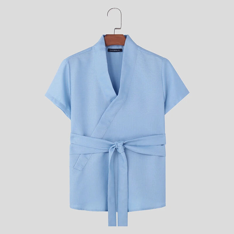 INCERUN Mens Textured Tie-Design Short Sleeve T-Shirt Fashion Design Casual Solid Color Tshirt for Men S-5XL