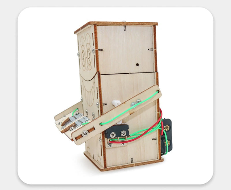 Wooden DIY Electric Powered Coin Eating Robot Puzzle Assembly Technology Small Production Creative Invention Mechanical Science Toy