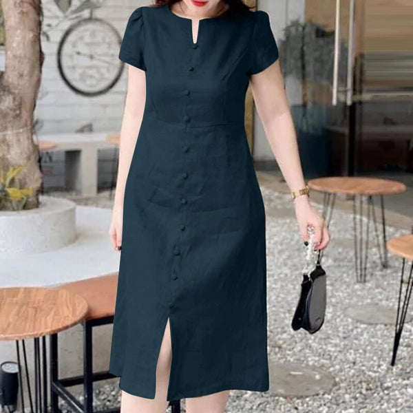 ZANZEA Women's Dresses Vintage Front Split Solid O-Neck Short Sleeve Dress