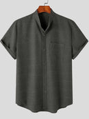 Mens Solid Stand Collar Chest Pocket Short Sleeve Shirt
