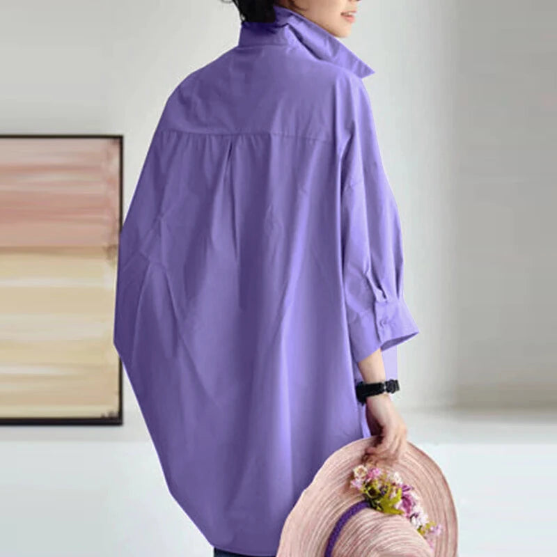 ZANZEA Womens Office Casual Solid Color Long Sleeve Shirts with Pockets Elegant Lapel Button Up Midi Blouse