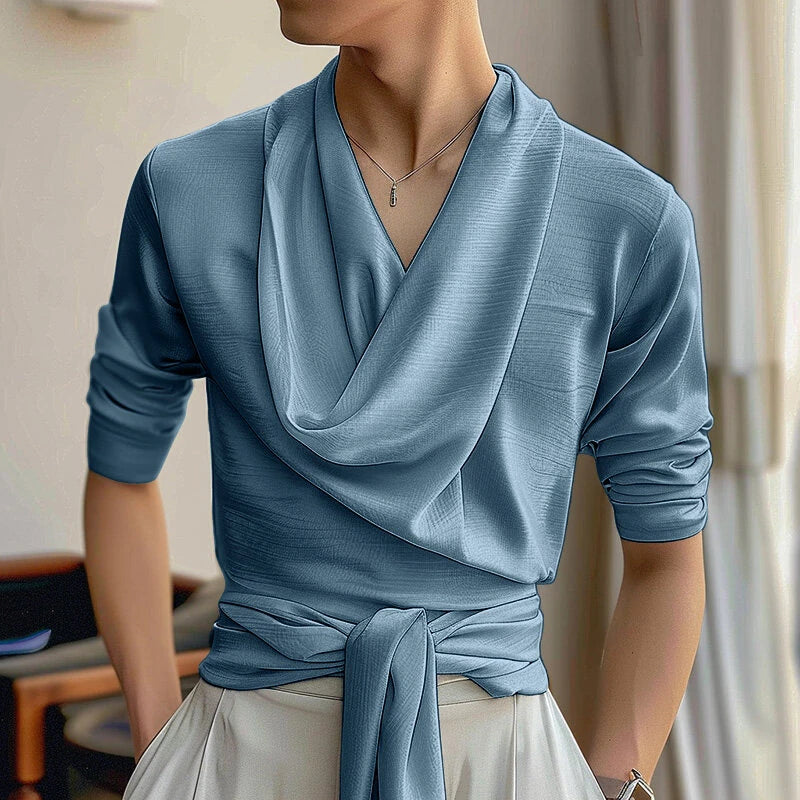 INCERUN Mens French Elegance Draped Neck Shirt Fashion High Elastic Solid Color Long Sleeve Top for Men