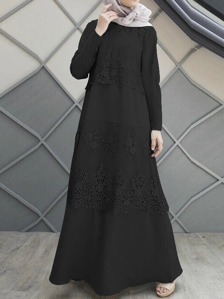 Lace Stitching A-Line O-Neck Solid Color Long Sleeve Muslim Dress Abaya Kaftan For Women