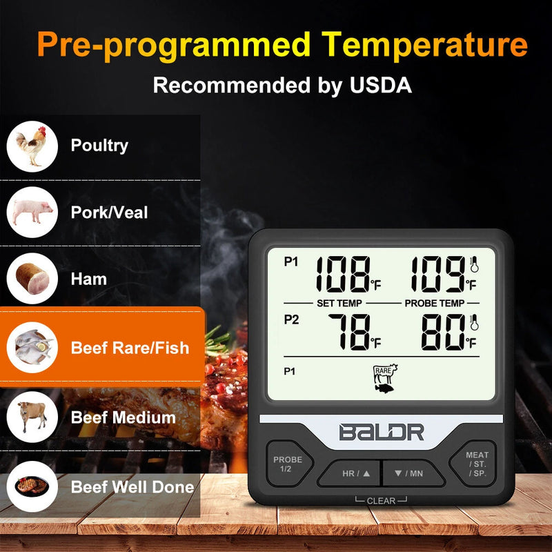 BALDR Split Dual Probe Food Thermometer Large Screen Electronic Food Thermometer Intelligent Split Digital Display Dual Probe Barbecue Fork Temperature Warning